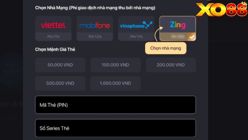 Hình thức nạp tiền XO88 bằng thẻ cào