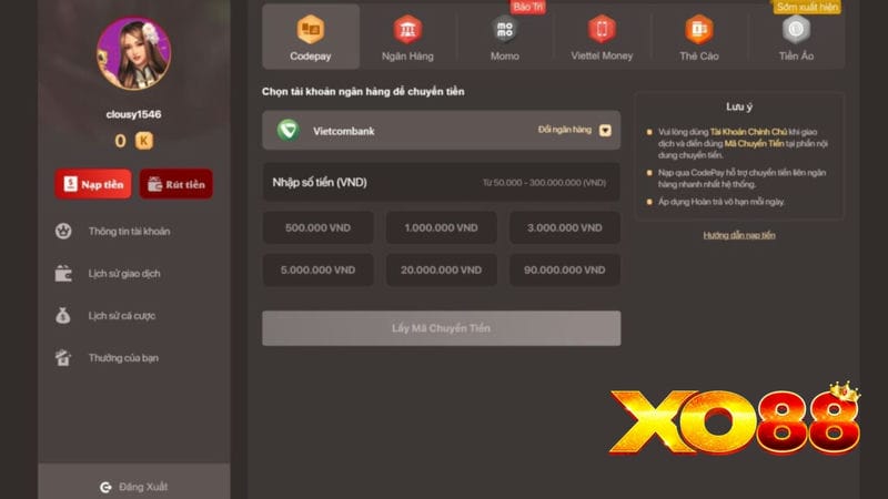 Hệ thống nạp tiền XO88 đa dạng và chất lượng 