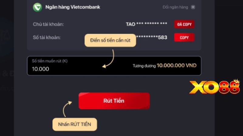 rút tiền XO88 bằng ngân hàng